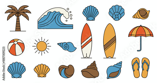 Vibrant beach icons: palm trees, waves, and surfboards Vector