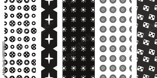 Abstract black and white geometric patterns displayed in a vertically oriented arrangement