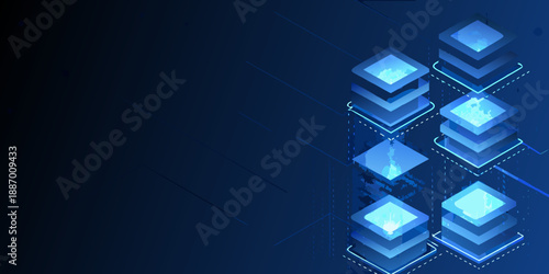 Abstract blue geometric design with stacked glowing cubes and connecting lines