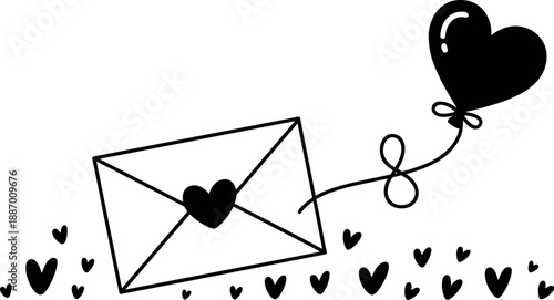 Black heart shaped balloon tied to envelope with small hearts