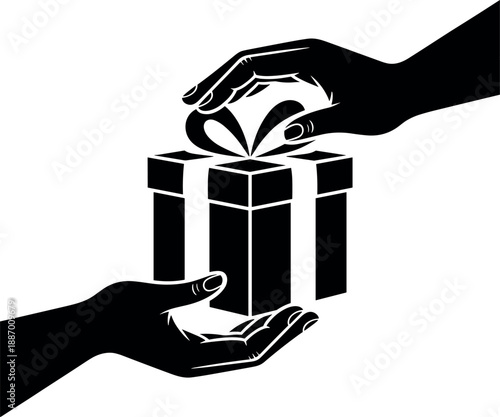 Black and white hands exchanging a gift box