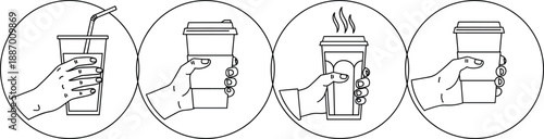 Hand holding takeaway coffee cups vector illustration sequence with hot and cold drinks in minimal outline line art style