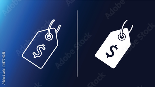 Price tags with dollar signs on blue and black backgrounds symbolizing cost and finance in a business or shopping context with a gradient effect