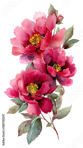 Raspberry watercolor peonies on a transparent background.
