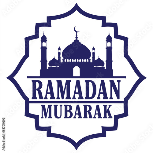 A Ramadan Mubarak logo with a mosque and crescent moon on a white background