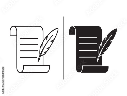 Antique scroll with quill pen illustration in black and white vector style two versions shown