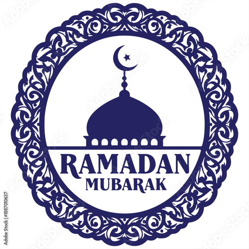 A Ramadan Mubarak logo with a mosque and crescent moon symbolizing Islamic celebration
