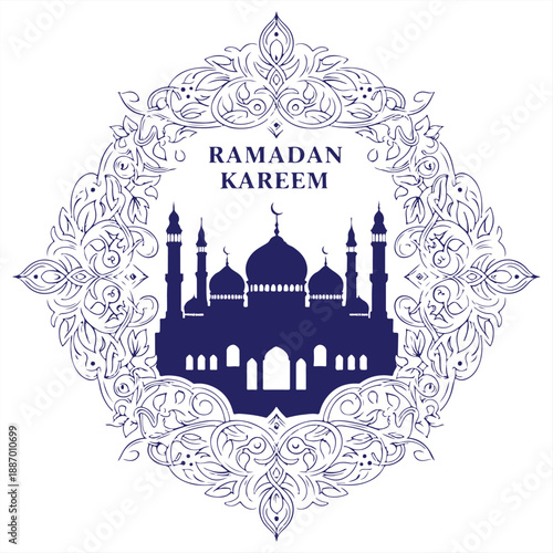 A Ramadan Kareem greeting card with a mosque and floral design