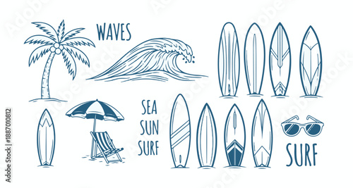 Illustrations of surfing elements and beach icons Vector