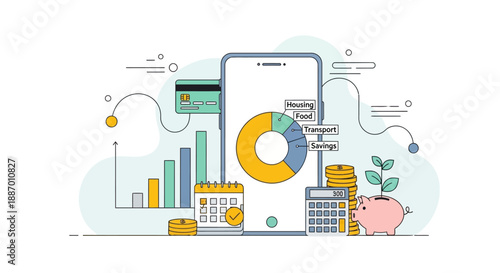Digital financial management concept with smartphone displaying growth chart, coins, credit card, and expense icons.