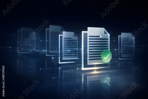 Digital documents with green checkmark approval on dark background, futuristic data validation