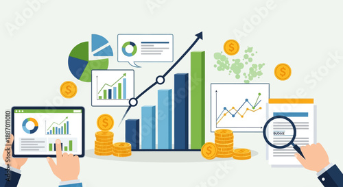 Financial growth and investment strategy with business analysis and money management.