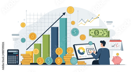 Financial growth and investment strategy with business analysis and money management.