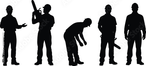 Black silhouettes of construction workers and foresters in hard hats holding a chainsaw in various industrial poses for manual labor