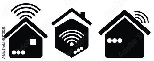 Set of smart home icons featuring Wi-Fi connectivity and house silhouettes for home automation and internet technology.