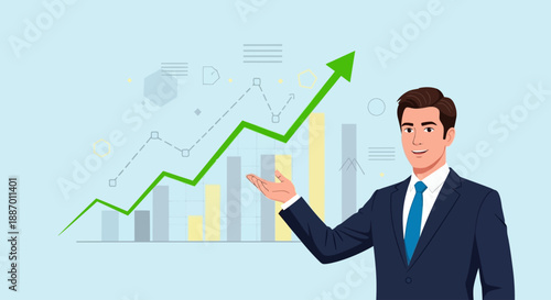 A confident businessman in a suit presenting a financial growth chart with an upward green arrow and bar graphs, symbolizing success and positive trends.