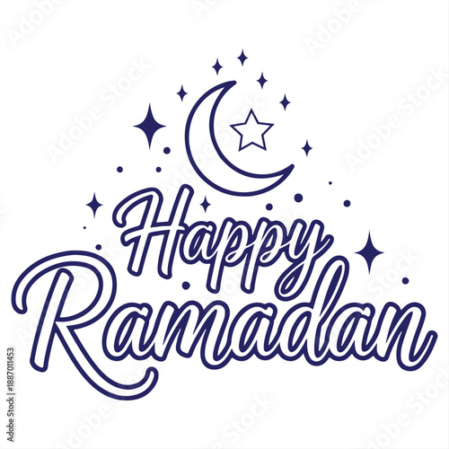A festive Happy Ramadan greeting with a crescent moon and stars on a white background