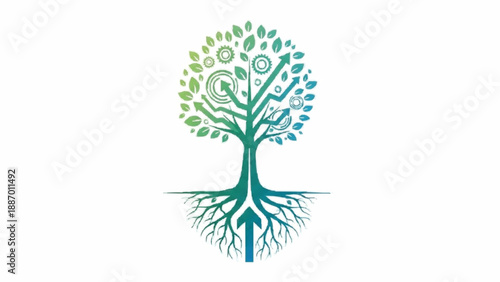 Conceptual logo of a tree with roots, where the canopy contains gears and growing arrows, symbolizing sustainable growth and green technology.