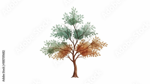 Artistic watercolor illustration of a tree transitioning between seasons, with green leaves on one side and brown autumn leaves on the other.