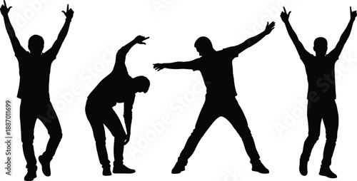 Black silhouettes of men in expressive and energetic poses with raised arms for success celebration and active lifestyle concepts isolated