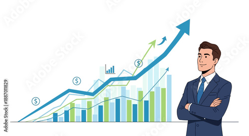 A confident businessman stands in front of an upward-trending financial graph, symbolizing growth, success, and positive market performance.