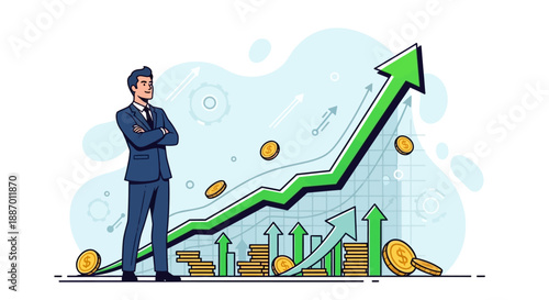 Confident businessman standing in front of a large green upward trend graph with coins and money stacks, symbolizing financial growth and success.