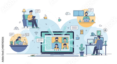 People working remotely and collaborating through a video conference call on a laptop, illustrating distributed teams and online communication.