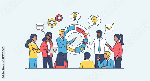 Diverse business team collaborating on project strategy, brainstorming ideas, and planning execution around a central circular diagram.