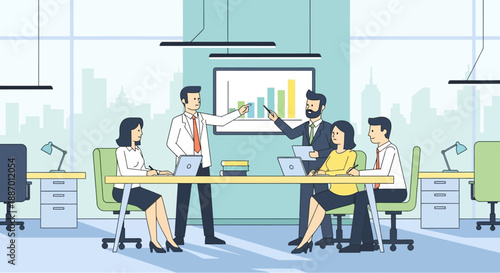 Business meeting in a modern office with a team collaborating and analyzing data on a presentation screen.