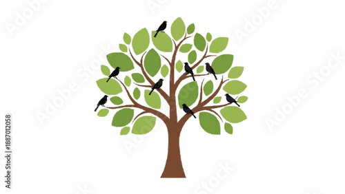 Simple and clean graphic of a brown tree with green leaves, where several black bird silhouettes are perched peacefully on its branches.