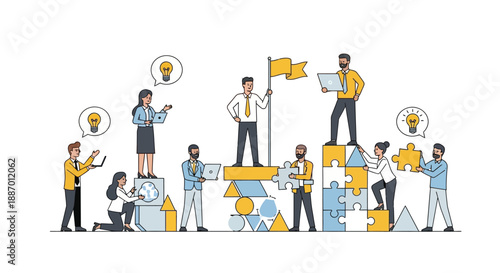 Diverse business team collaborating on a complex project, building structures and sharing ideas to achieve collective success and growth.