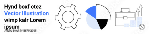 Gear representing process, pie chart for data, briefcase for work, and growth icons for finance. Ideal for business, analytics, planning, economics, productivity progress simple landing page