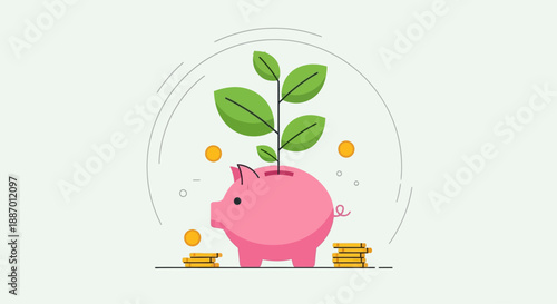 A pink piggy bank with a green plant growing out of it, surrounded by gold coins, symbolizing financial growth and savings.