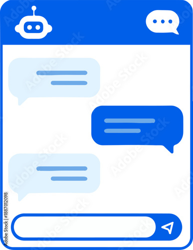 Chatbot Messaging Interface Icon with AI Bot Avatar and Text Bubbles in Flat Design Style for Customer Support and Automated Communication