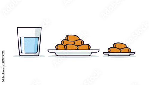Clean illustration of water and fried snacks with orange and blue colors on a white scene