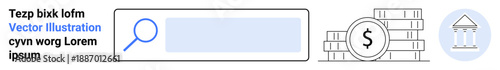Online transactions, banking, financial services, digital economy, savings management, search functionality. Search bar, coins dollar symbol and a bank building icon. Online transactions
