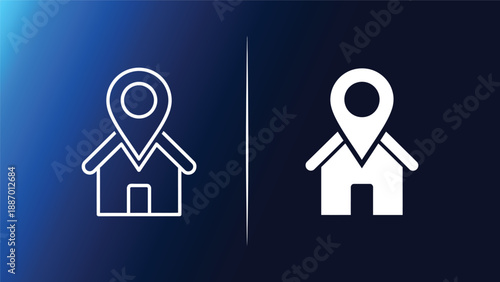 House location icons with map pin on gradient blue background for real estate and navigation concepts