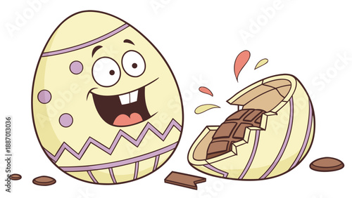 Cartoon Easter egg opening and revealing chocolate, expression of surprise and joy.