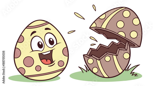 Cartoon Easter egg opening and revealing chocolate, expression of surprise and joy.
