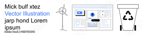 Renewable energy, recycling, digital tools, environmental sustainability, green living, modern technology. Wind turbine, recycling symbol digital interface. Renewable energy and recycling concepts