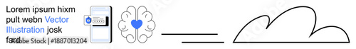 Health technology, brain activity, data storage, medical apps, cloud computing, AI innovation. Mobile device linked to brain and cloud. Health technology and brain activity connection