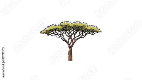 Colored sketch illustration of an African acacia tree with a wide, flat-topped canopy of green leaves and a slender brown trunk.