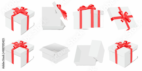 Collection of white gift boxes with red ribbons in various orientations