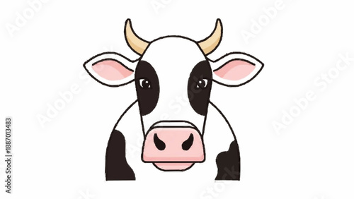 Cute and simple cartoon illustration of a cow's head with black and white spots, pink ears, and a friendly expression on a white background.