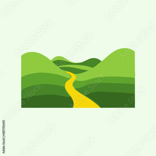 Serene landscape with a winding yellow path through green hills.