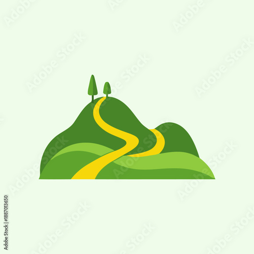 Winding road through green hills with trees illustration.