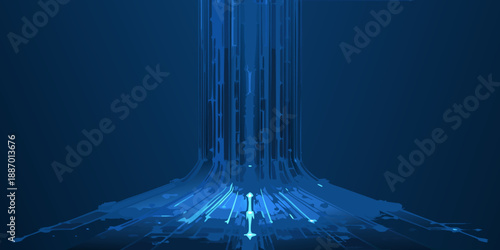 a blue light beam with many lines emanating from it