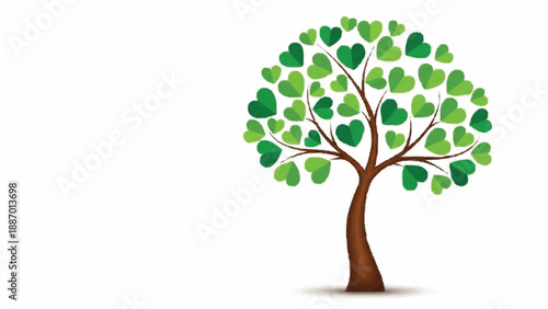 Charming illustration of a tree with a full canopy made of many small, green, heart-shaped leaves, symbolizing love for nature and life.