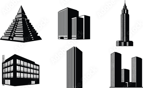Mega collection of black corporate building icons and detailed skyscraper silhouettes isolated on white background for architecture urban city real estate design