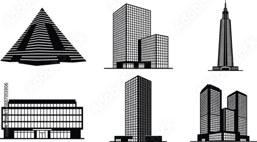 Mega collection of black corporate building icons and detailed skyscraper silhouettes isolated on white background for architecture urban city real estate design